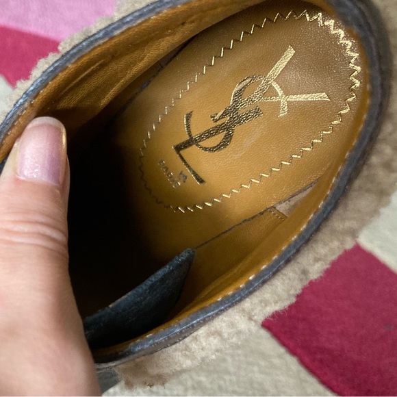 Yves Saint Laurent YSL Black Brown Shearling Trim Tribute Heel Bootie Ankle 36 - Picture 7 of 9